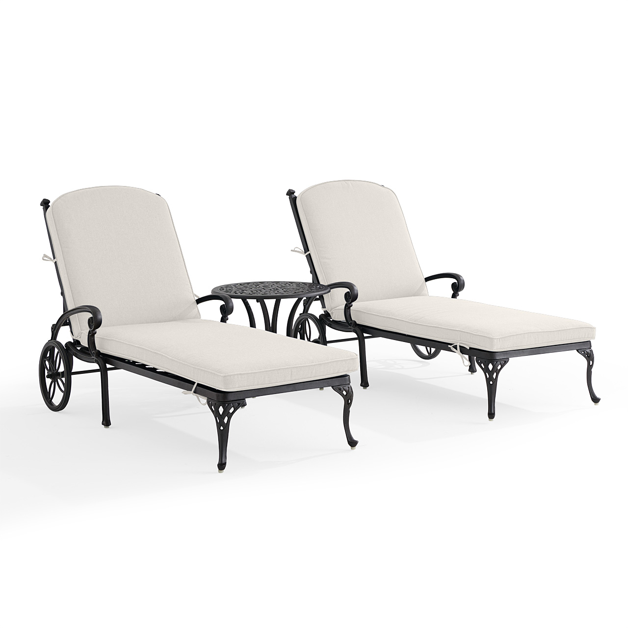 Naples Aged Bronze Cast Aluminum with Cushions 3 Piece Chaise Lounge Set + 22 in. D Table (Mist)