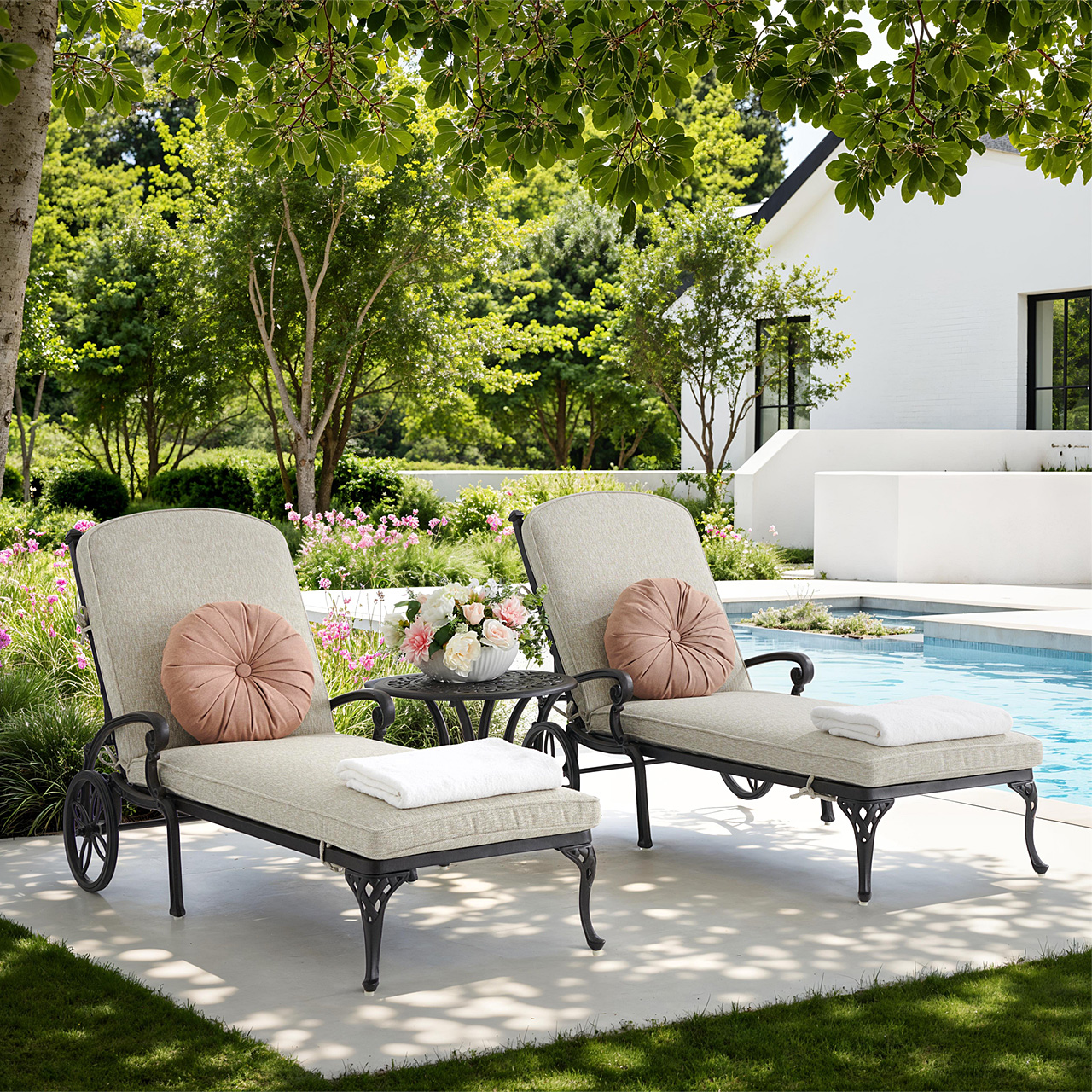 Naples Aged Bronze Cast Aluminum with Cushions 3 Piece Chaise Lounge Set + 22 in. D Table (Melange Ash)
