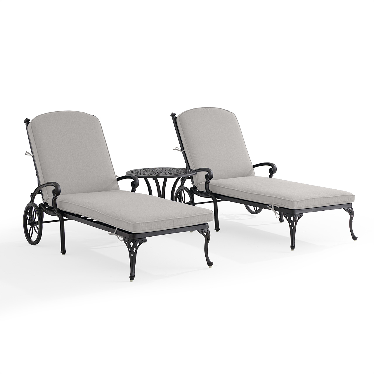 Naples Aged Bronze Cast Aluminum with Cushions 3 Piece Chaise Lounge Set + 22 in. D Table (Canvas Granite)