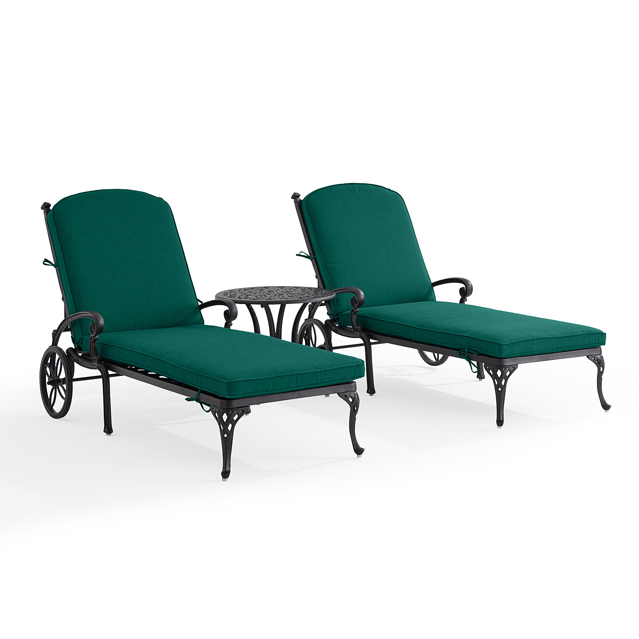 Naples Aged Bronze Cast Aluminum with Cushions 3 Piece Chaise Lounge Set + 22 in. D Table (Canvas Forest Green)