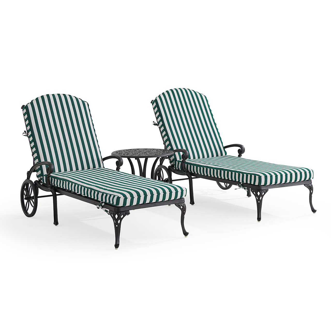 Naples Aged Bronze Cast Aluminum with Cushions 3 Piece Chaise Lounge Set + 22 in. D Table (Mason Forest Green)