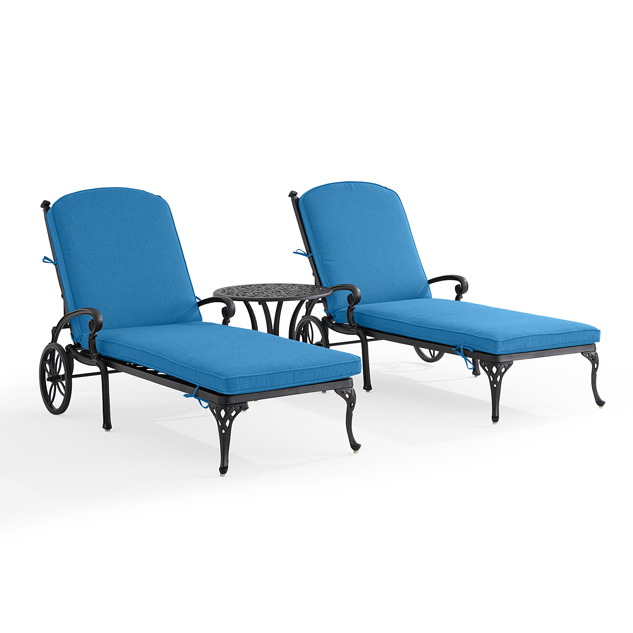 Naples Aged Bronze Cast Aluminum with Cushions 3 Piece Chaise Lounge Set + 22 in. D Table (Canvas Regatta)