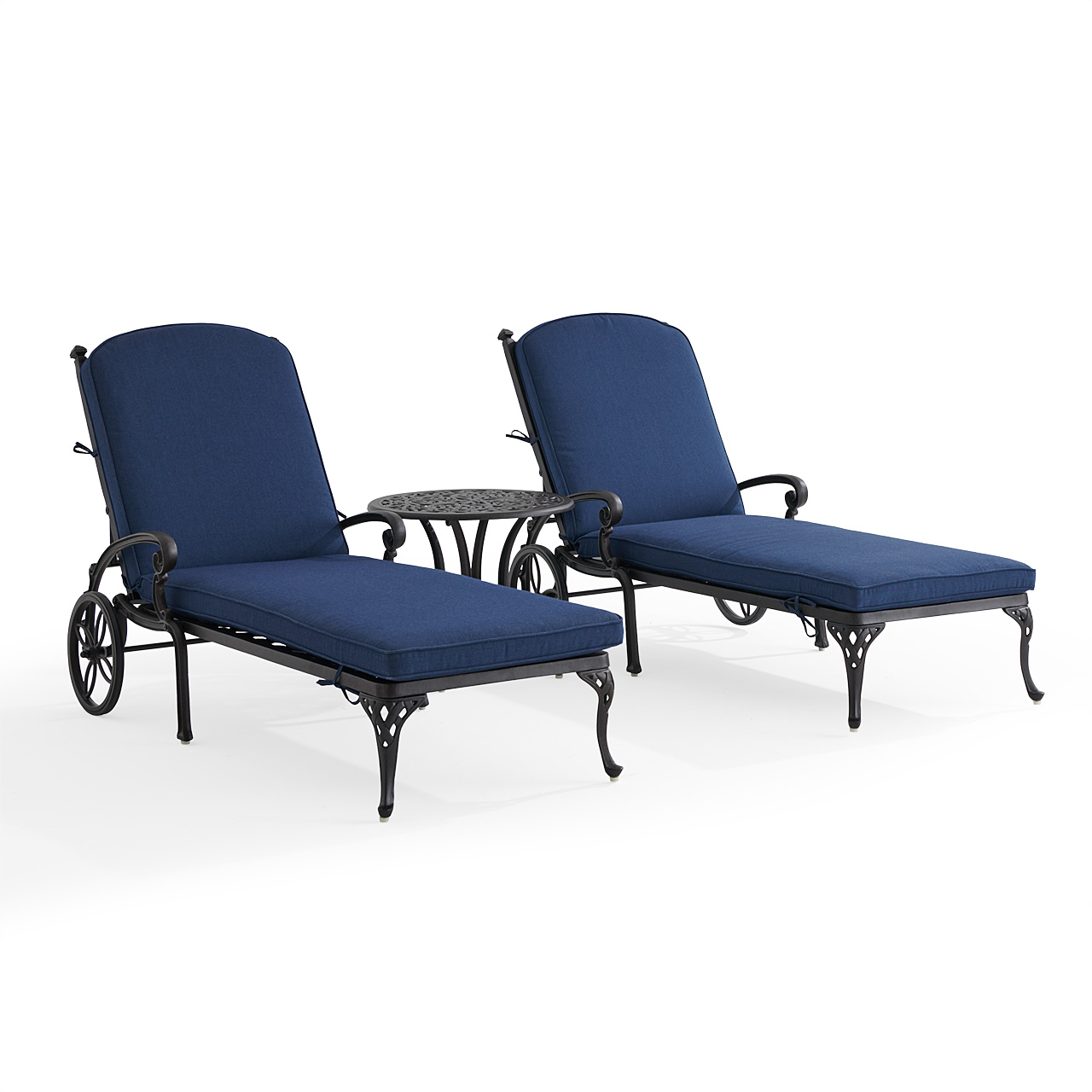 Naples Aged Bronze Cast Aluminum with Cushions 3 Piece Chaise Lounge Set + 22 in. D Table (Spectrum Indigo)