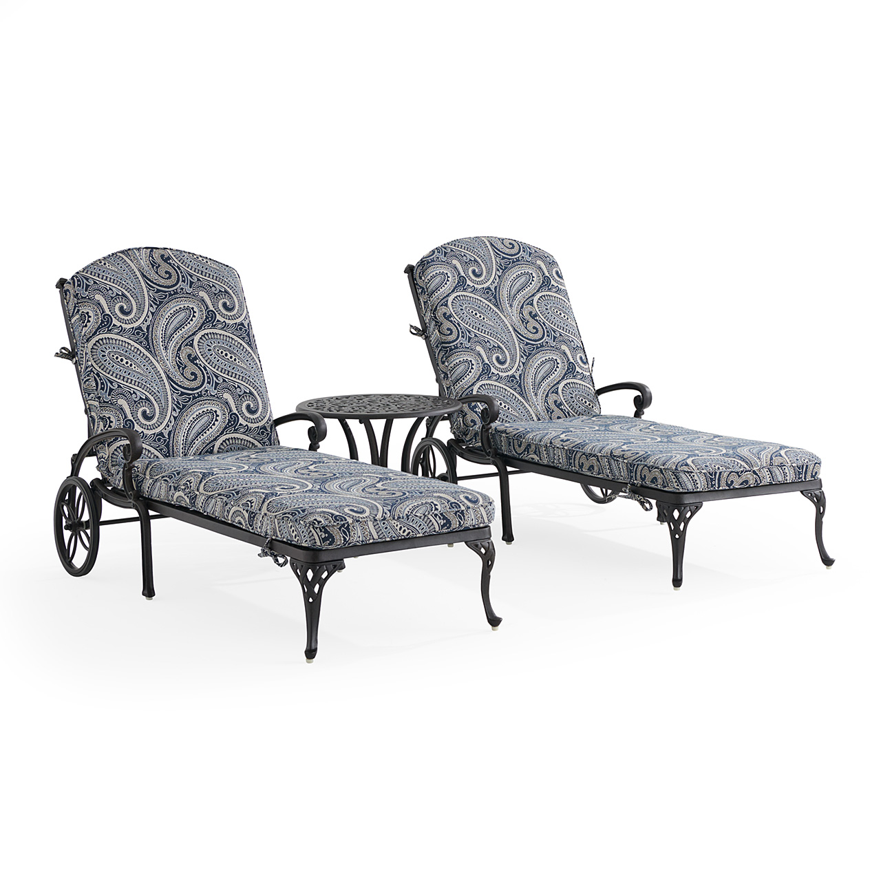Naples Aged Bronze Cast Aluminum with Cushions 3 Piece Chaise Lounge Set + 22 in. D Table (Royce Indigo)