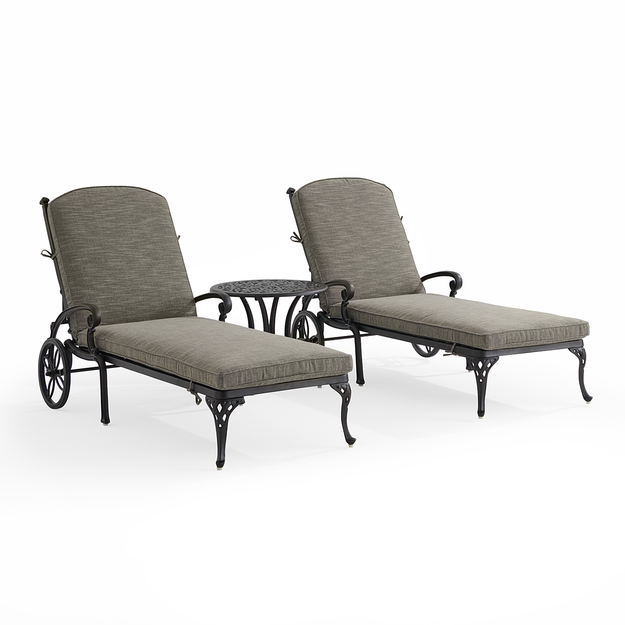 Naples Aged Bronze Cast Aluminum with Cushions 3 Piece Chaise Lounge Set + 22 in. D Table (Linen Graphite)
