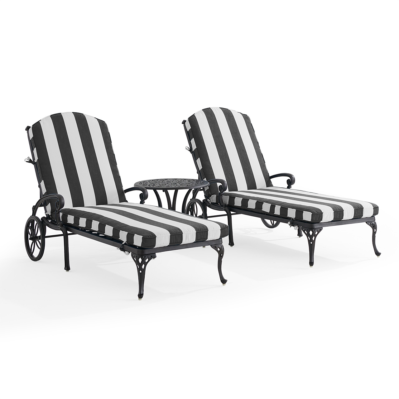 Naples Aged Bronze Cast Aluminum with Cushions 3 Piece Chaise Lounge Set + 22 in. D Table (Cabana Classic)