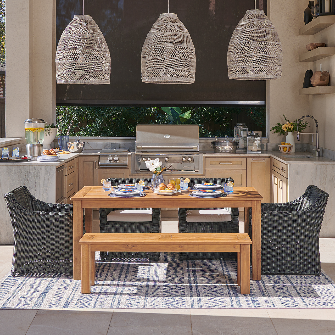 Laguna Smoke Outdoor Wicker and Solid Teak with Cushions 6 Piece Bench Dining Set + 71 x 36 in. Table (Cast Pumice)