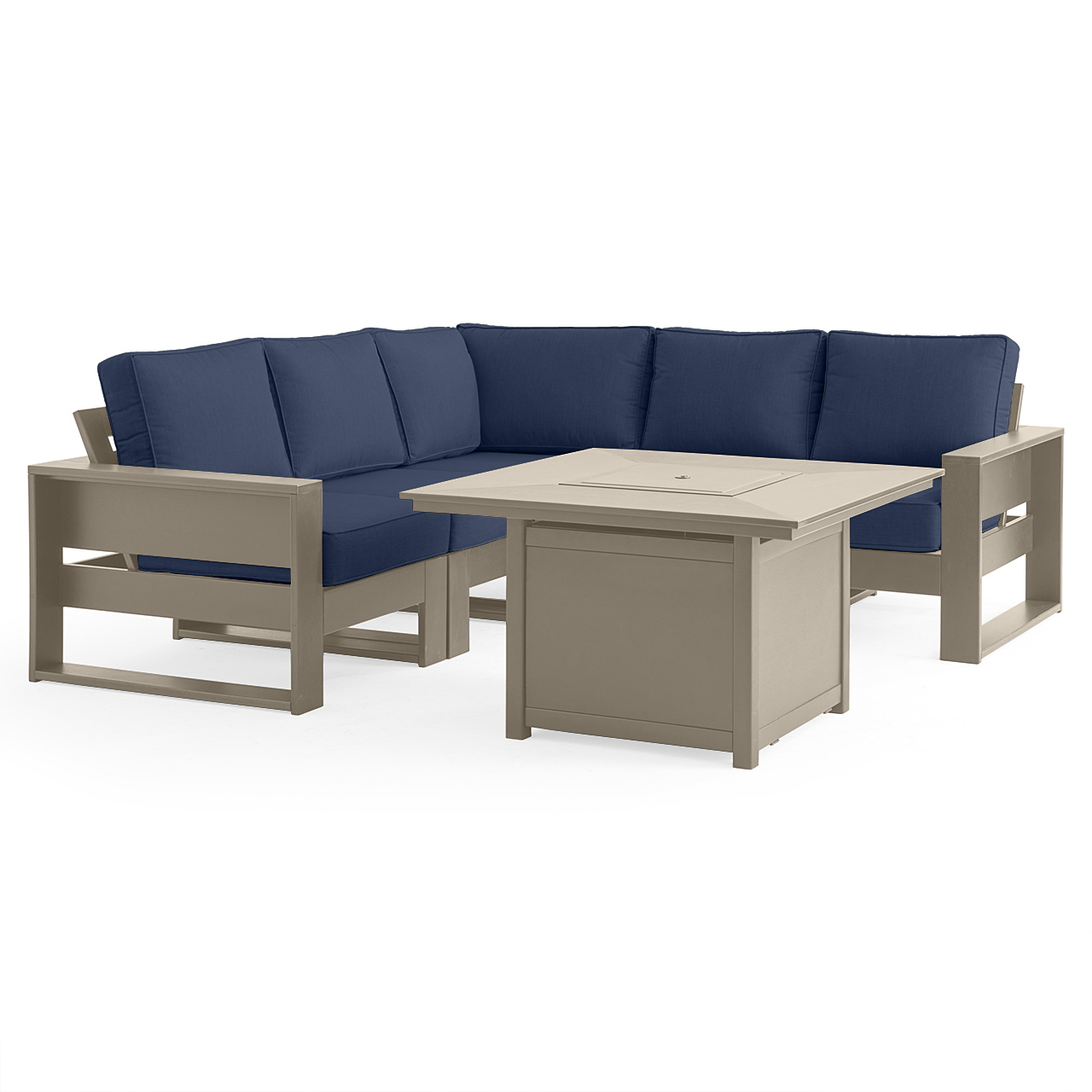 Montauk Polymer with Cushions 6 Piece Modular Sectional + 42 in. Sq. LP Gas Fire Pit (Spectrum Indigo)