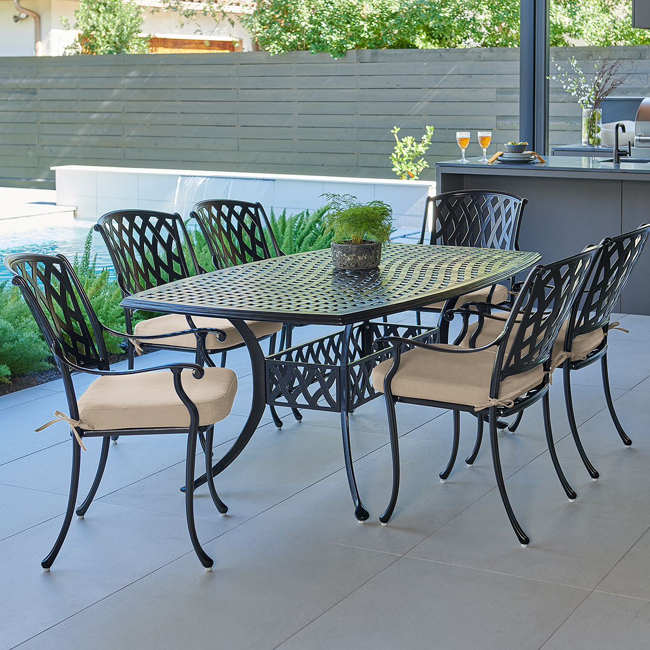 Tivoli Matte Black Cast Aluminum with Cushions 7 Piece Dining Set + 72 x 42 in. Table (Tempo Beige)