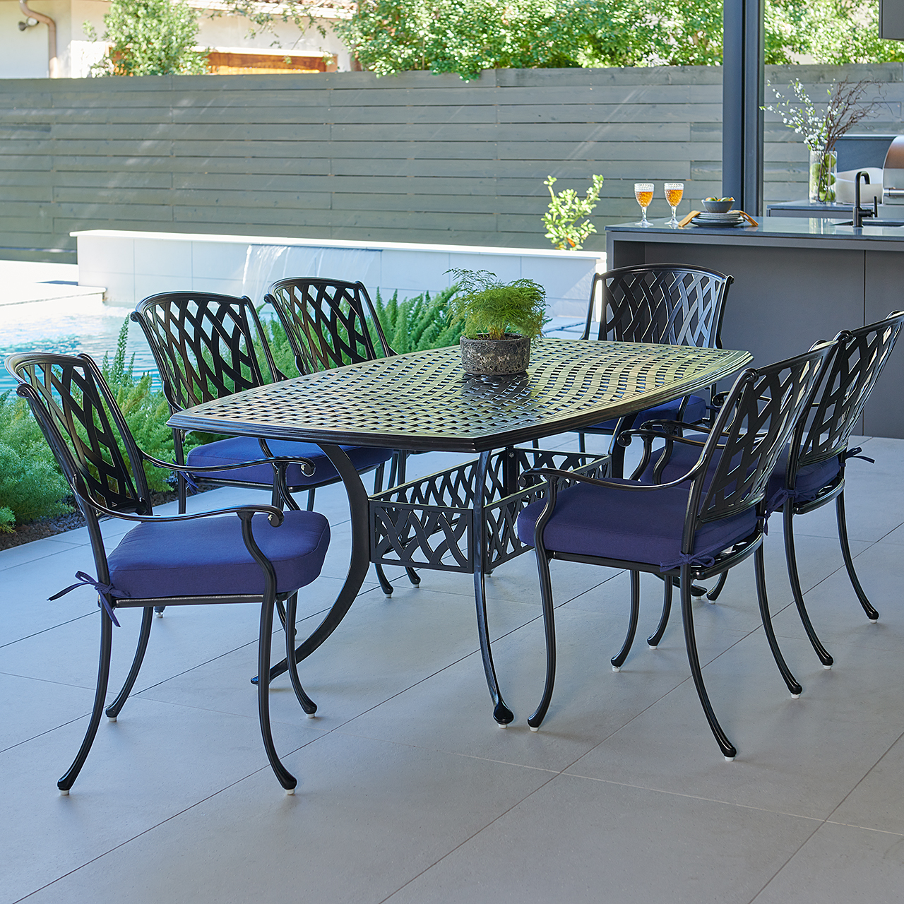 Tivoli Matte Black Cast Aluminum with Cushions 7 Piece Dining Set + 72 x 42 in. Table (Tempo Navy)