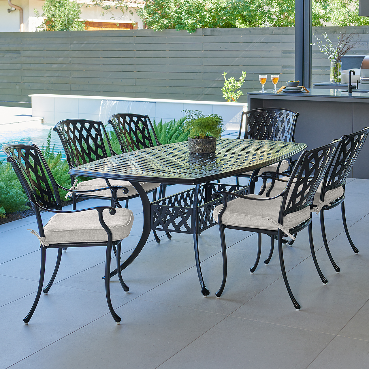 Tivoli Matte Black Cast Aluminum with Cushions 7 Piece Dining Set + 72 x 42 in. Table (Canvas Granite)