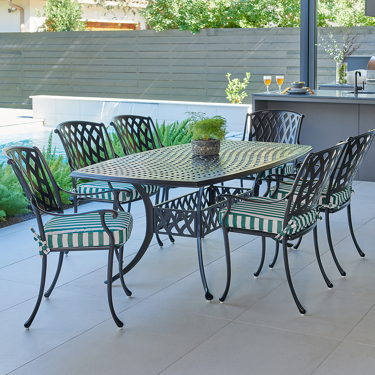 Tivoli Matte Black Cast Aluminum with Cushions 7 Piece Dining Set + 72 x 42 in. Table (Mason Forest Green)