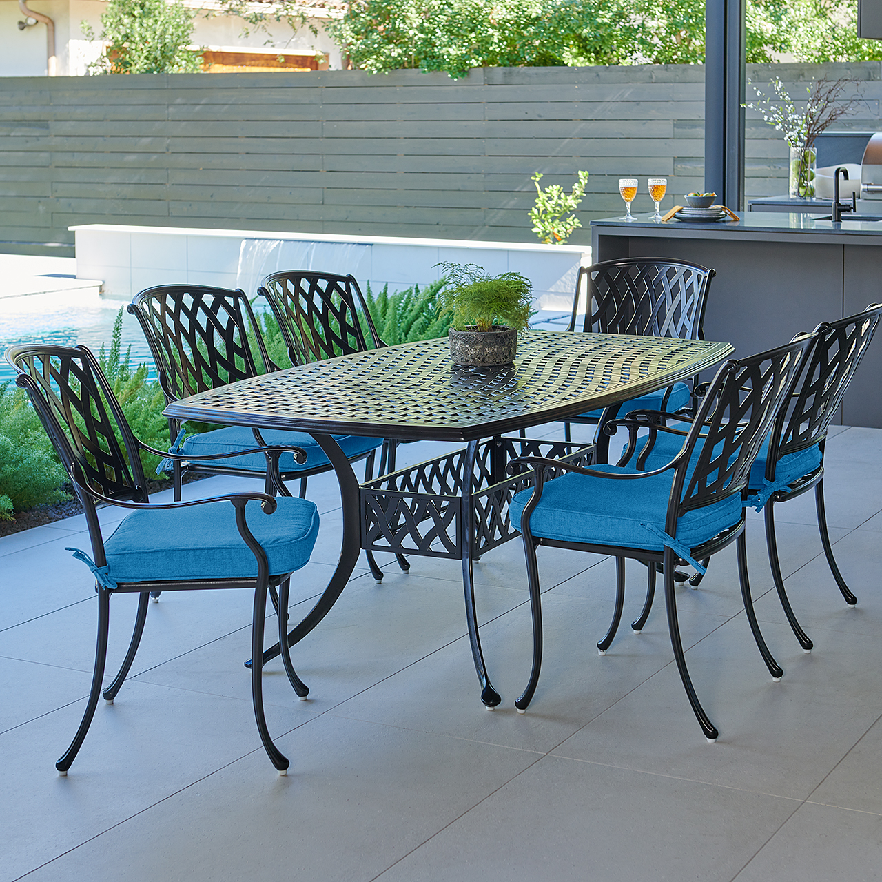 Tivoli Matte Black Cast Aluminum with Cushions 7 Piece Dining Set + 72 x 42 in. Table (Canvas Regatta)