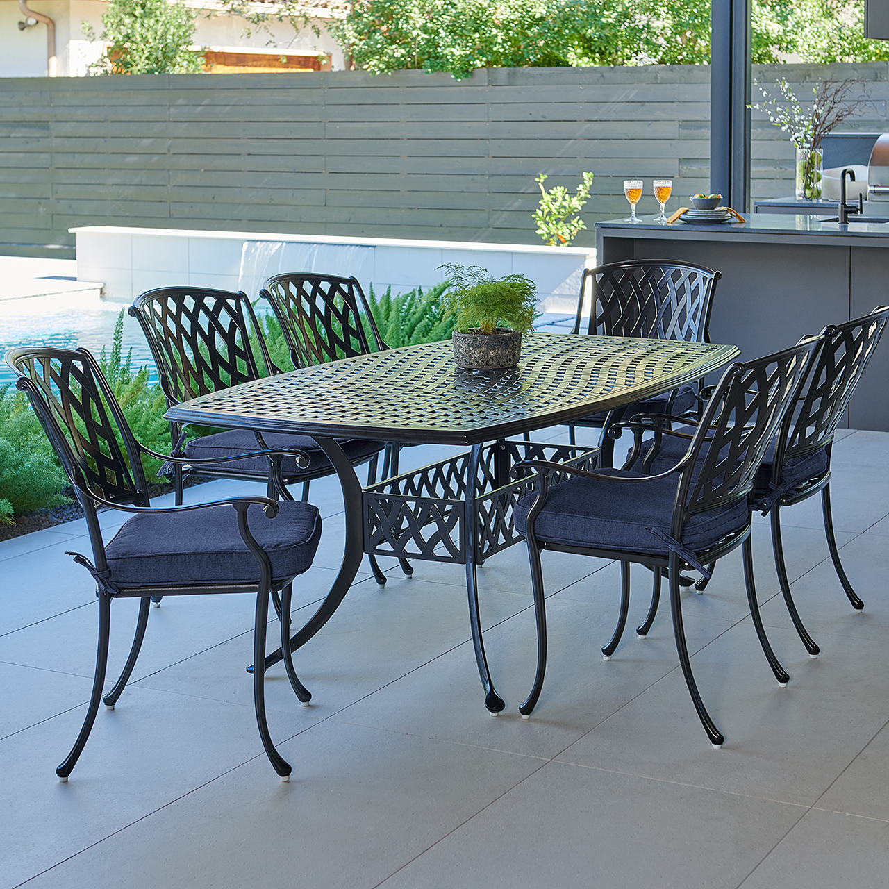 Tivoli Matte Black Cast Aluminum with Cushions 7 Piece Dining Set + 72 x 42 in. Table (Spectrum Indigo)