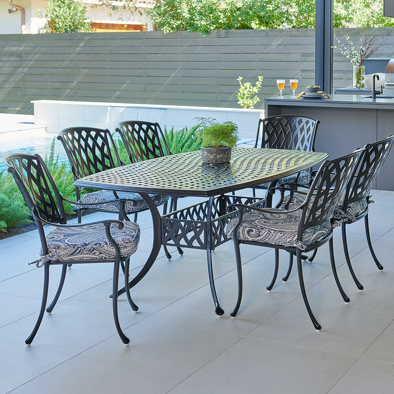 Tivoli Matte Black Cast Aluminum with Cushions 7 Piece Dining Set + 72 x 42 in. Table (Royce Indigo)