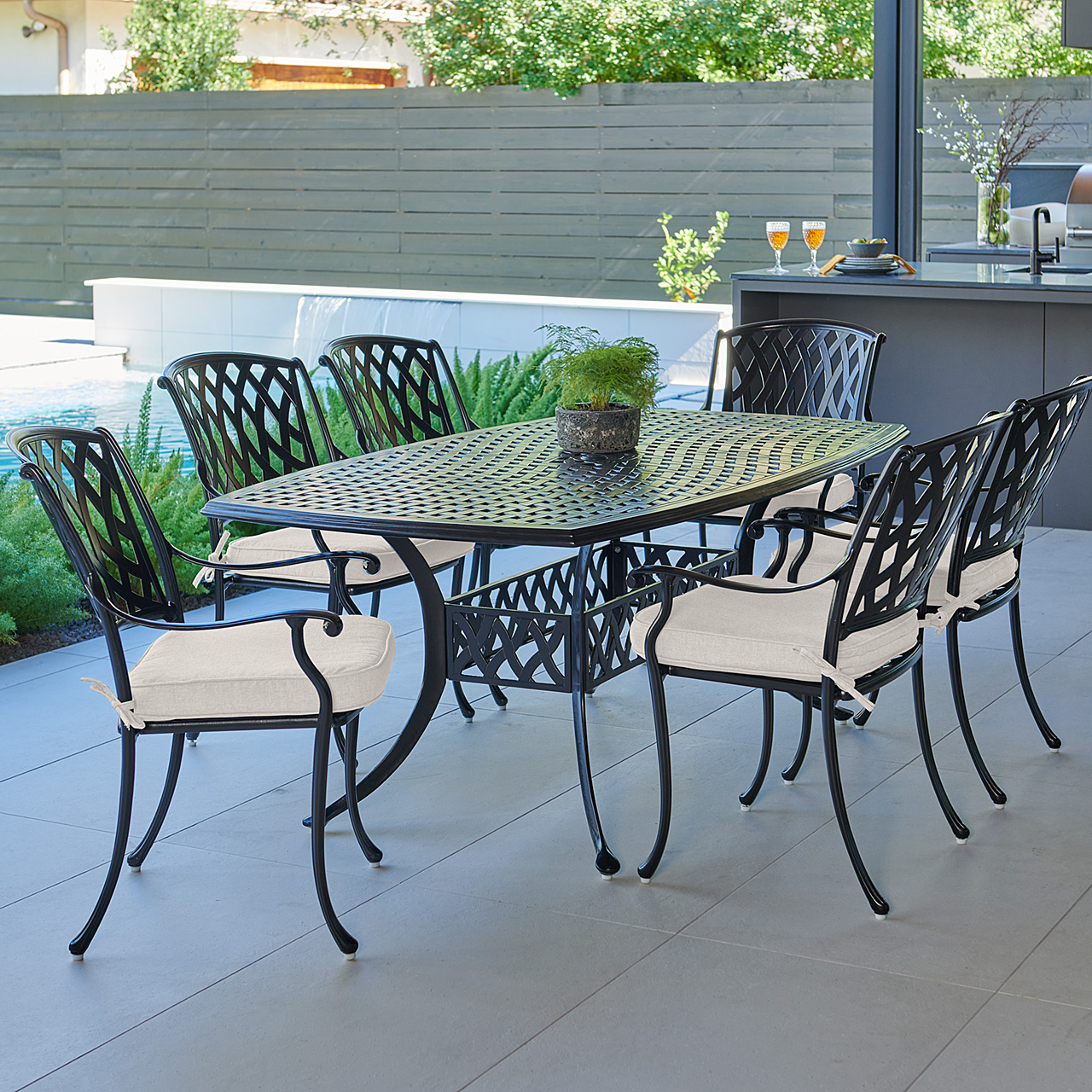Tivoli Matte Black Cast Aluminum with Cushions 7 Piece Dining Set + 72 x 42 in. Table (Mist)