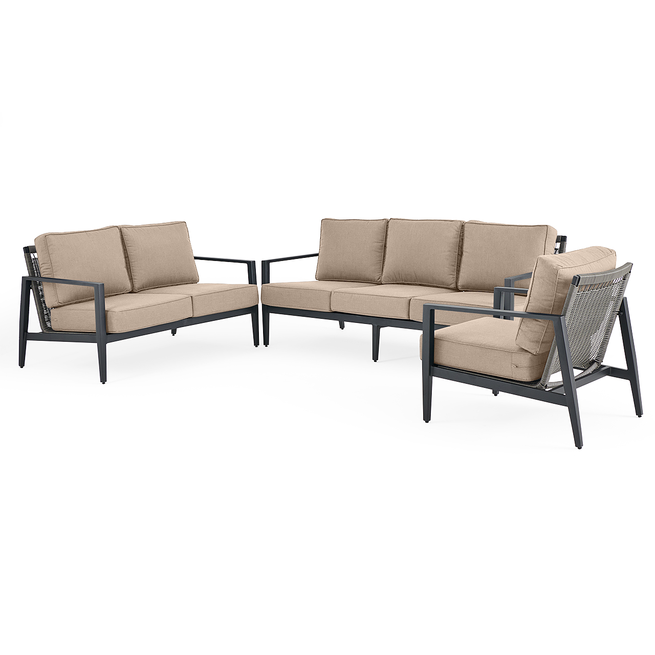 Portofino Husk Midnight Aluminum with Cushions 3 Piece Sofa Group + Loveseat and Club Chair (Cast Ash)