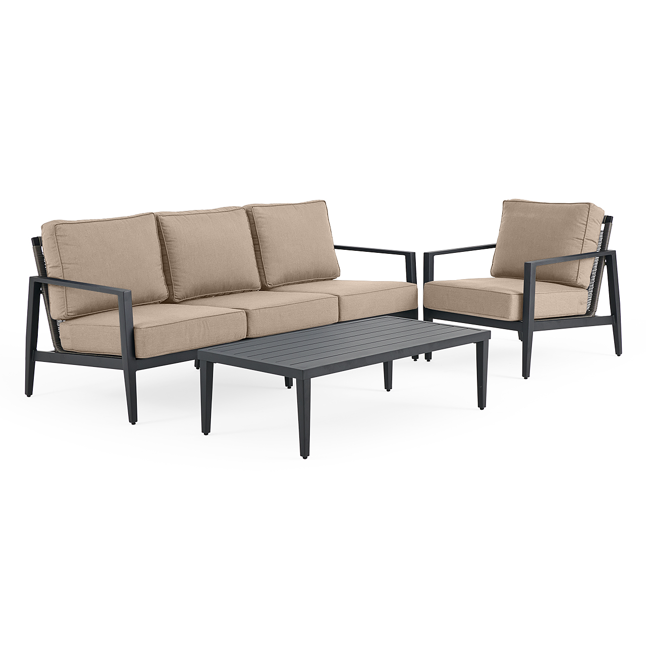 Portofino Husk Midnight Aluminum with Cushions 3 Piece Sofa Group + 48 x 26 in. Coffee Table (Cast Ash)