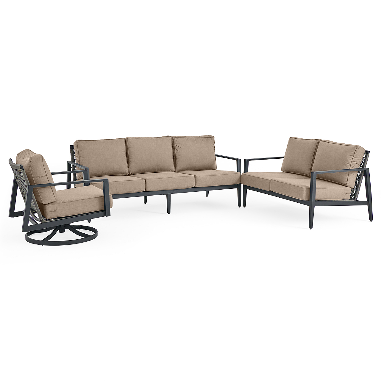 Portofino Husk Midnight Aluminum with Cushions 3 Piece Swivel Sofa Group + Loveseat and Club Chair (Cast Ash)