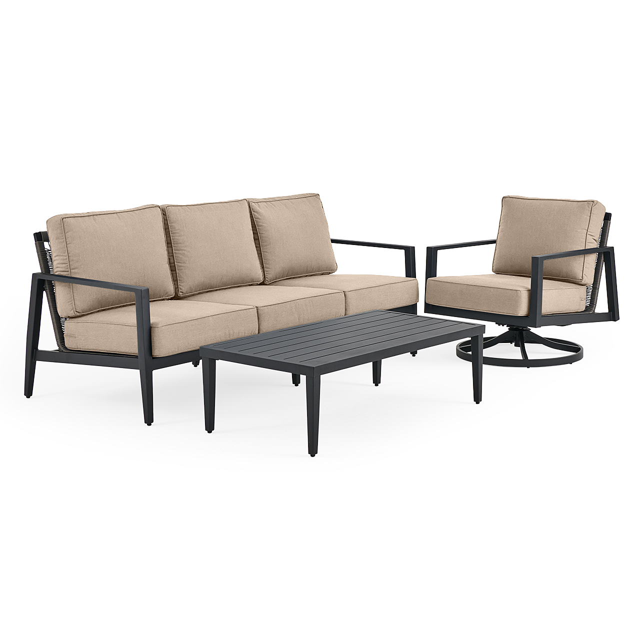 Portofino Husk Midnight Aluminum with Cushions 3 Piece Swivel Sofa Group + 48 x 26 in. Coffee Table (Cast Ash)