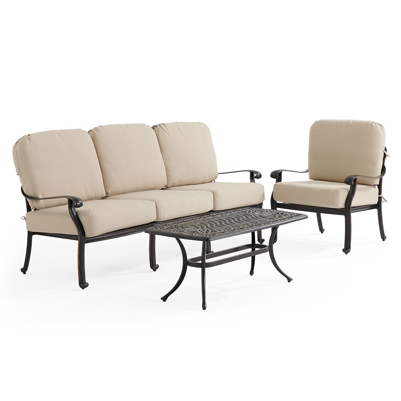 Roma Black Gold Cast Aluminum with Cushions 3 Piece Sofa Group + 42 x 21 in. Coffee Table (Beige)