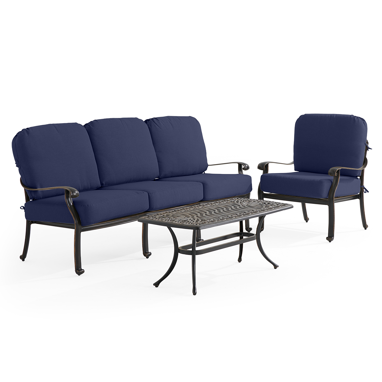 Roma Black Gold Cast Aluminum with Cushions 3 Piece Sofa Group + 42 x 21 in. Coffee Table (Navy)