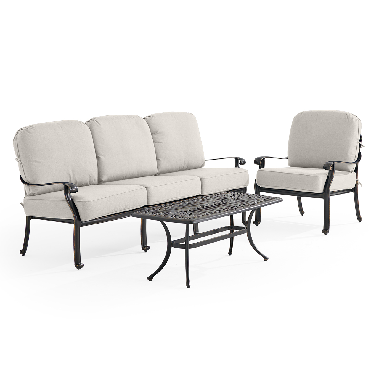 Roma Black Gold Cast Aluminum with Cushions 3 Piece Sofa Group + 42 x 21 in. Coffee Table (Mist)