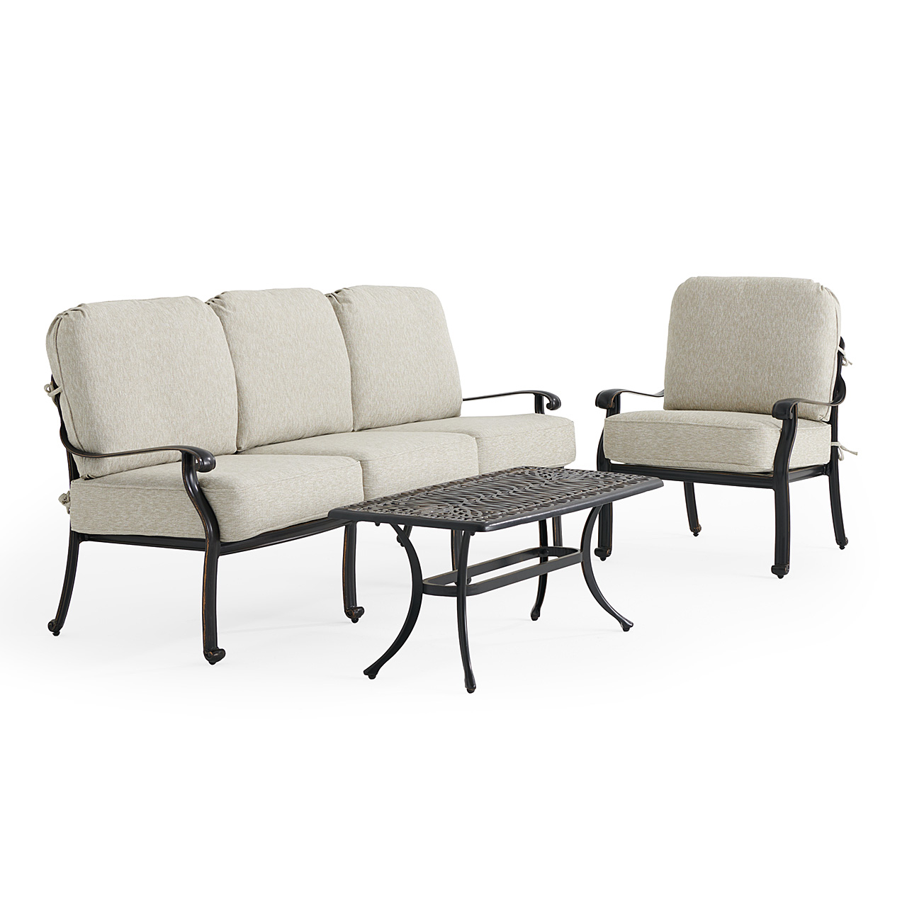 Roma Black Gold Cast Aluminum with Cushions 3 Piece Sofa Group + 42 x 21 in. Coffee Table (Melange Ash)