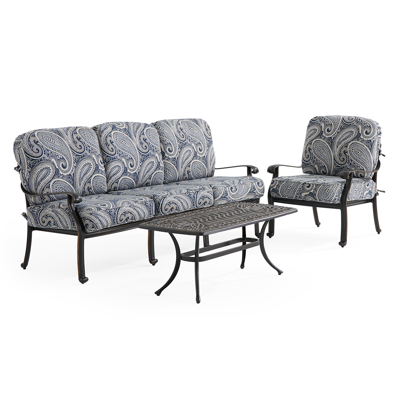 Roma Black Gold Cast Aluminum with Cushions 3 Piece Sofa Group + 42 x 21 in. Coffee Table (Royce Indigo)