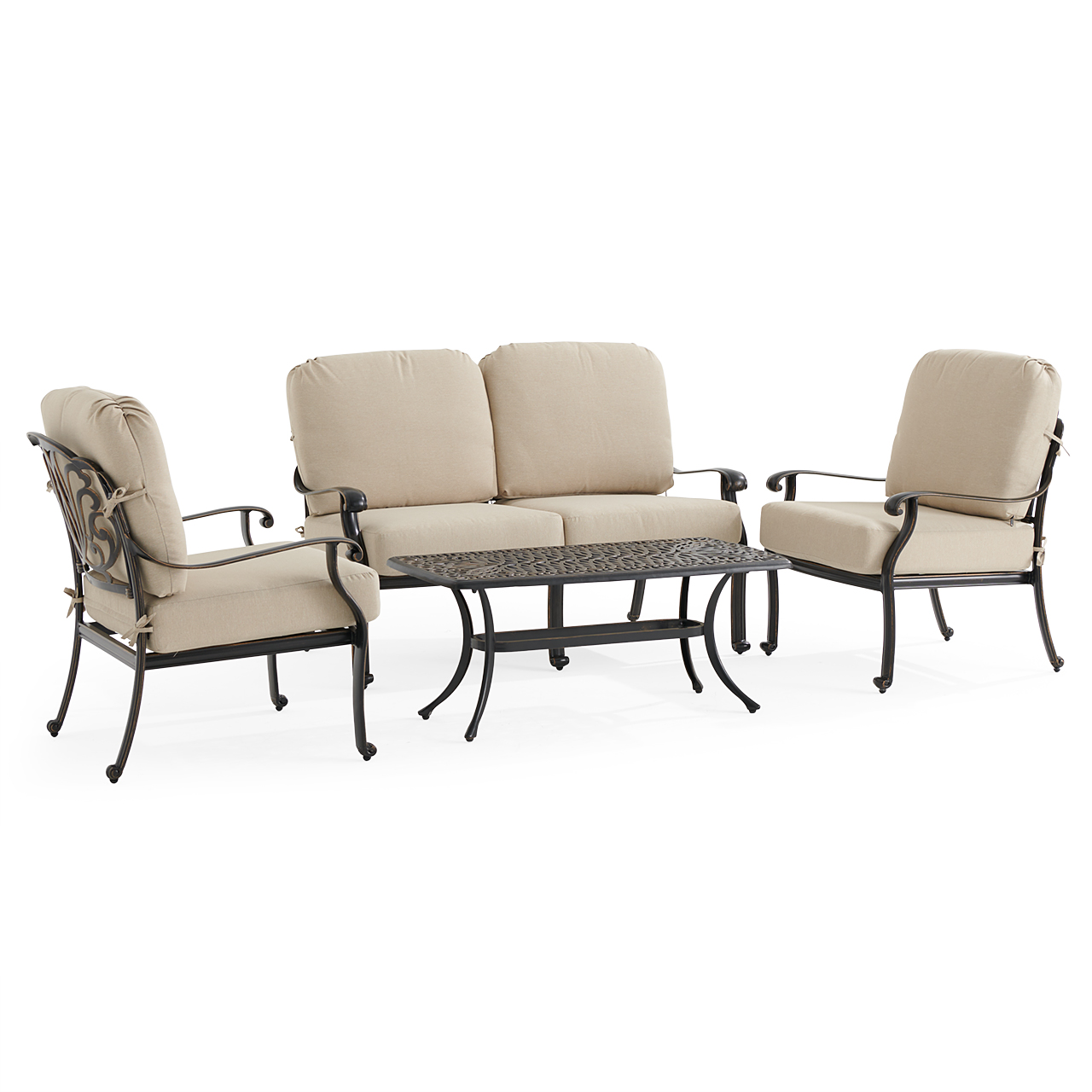 Roma Black Gold Cast Aluminum with Cushions 4 Piece Loveseat Group + 42 x 21 in. Coffee Table (Beige)