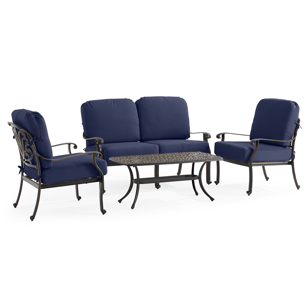 Roma Black Gold Cast Aluminum with Cushions 4 Piece Loveseat Group + 42 x 21 in. Coffee Table (Navy)
