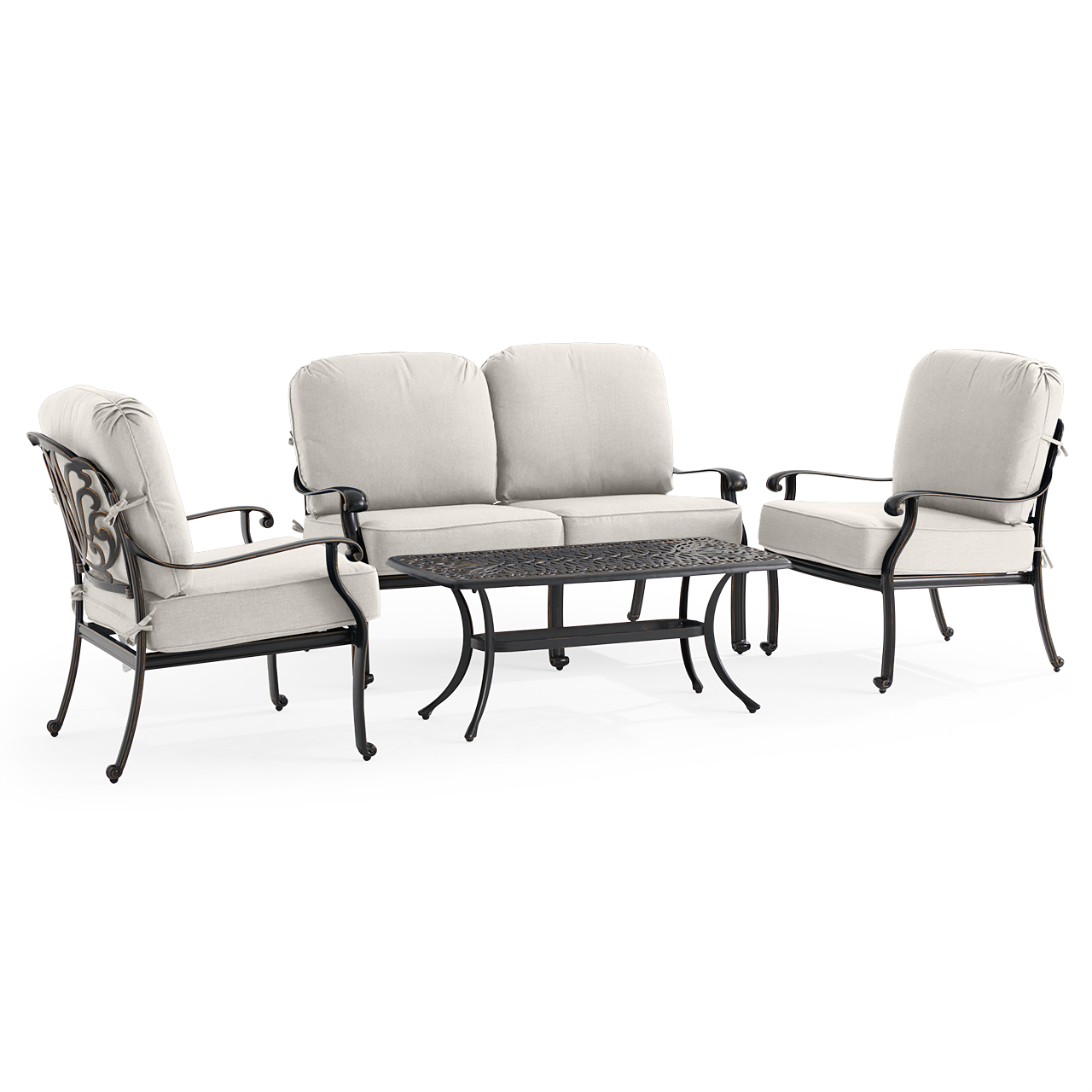 Roma Black Gold Cast Aluminum with Cushions 4 Piece Loveseat Group + 42 x 21 in. Coffee Table (Mist)