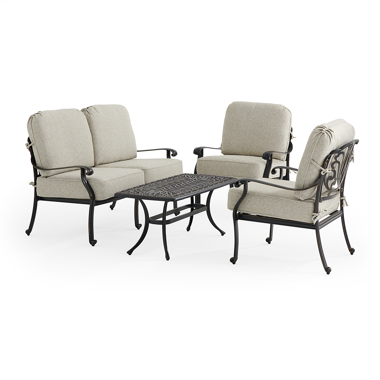 Roma Black Gold Cast Aluminum with Cushions 4 Piece Loveseat Group + 42 x 21 in. Coffee Table (Melange Ash)