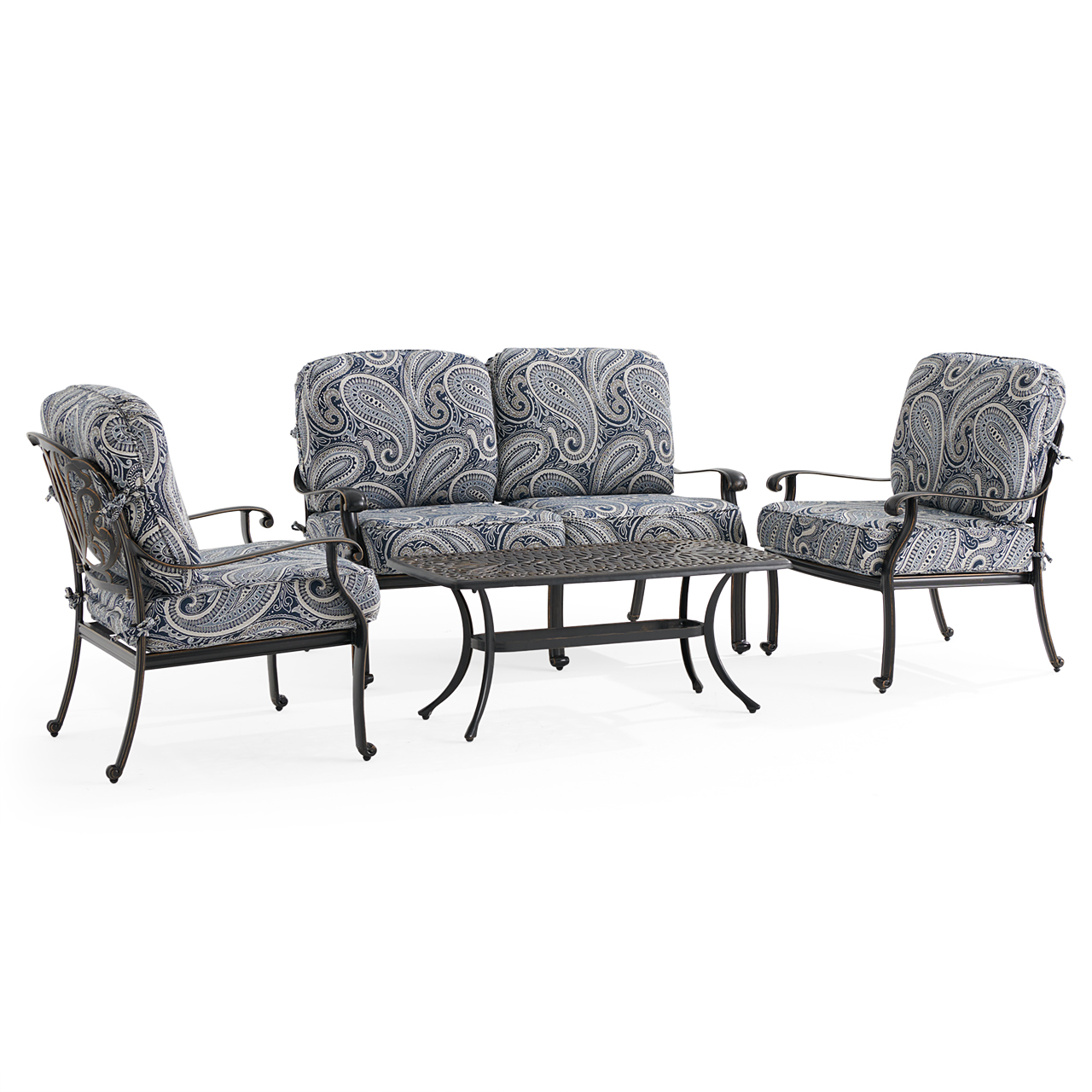 Roma Black Gold Cast Aluminum with Cushions 4 Piece Loveseat Group + 42 x 21 in. Coffee Table (Royce Indigo)