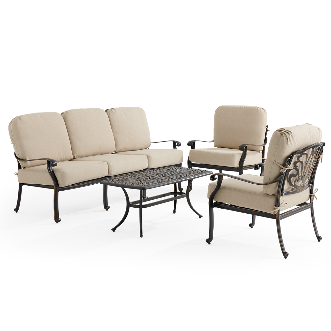 Roma Black Gold Cast Aluminum with Cushions 4 Piece Sofa Group + 42 x 21 in. Coffee Table (Beige)
