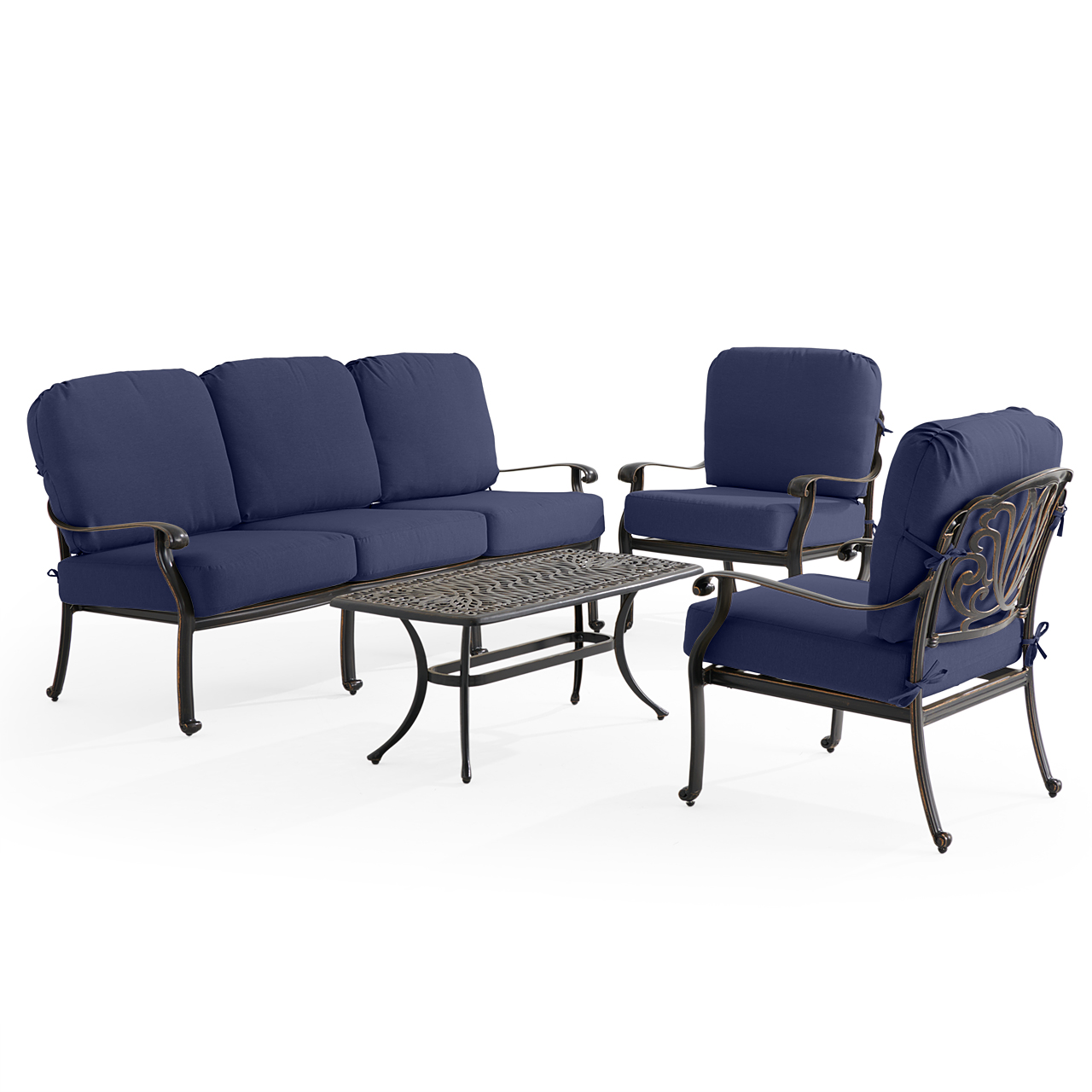 Roma Black Gold Cast Aluminum with Cushions 4 Piece Sofa Group + 42 x 21 in. Coffee Table (Navy)