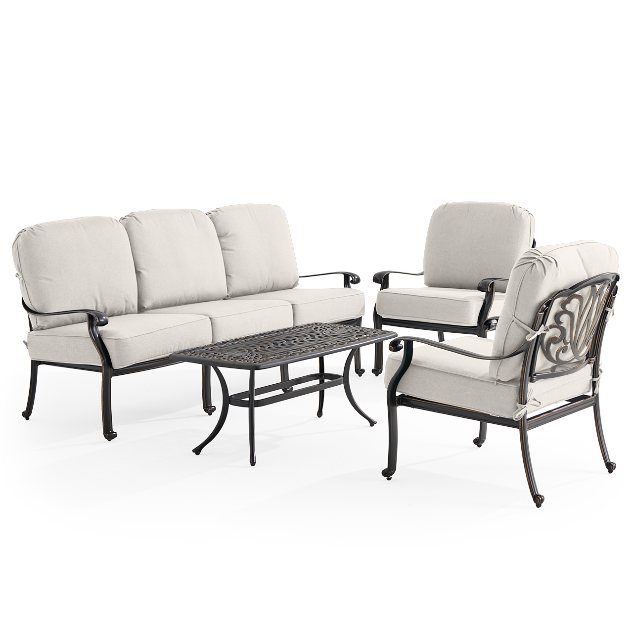 Roma Black Gold Cast Aluminum with Cushions 4 Piece Sofa Group + 42 x 21 in. Coffee Table (Mist)