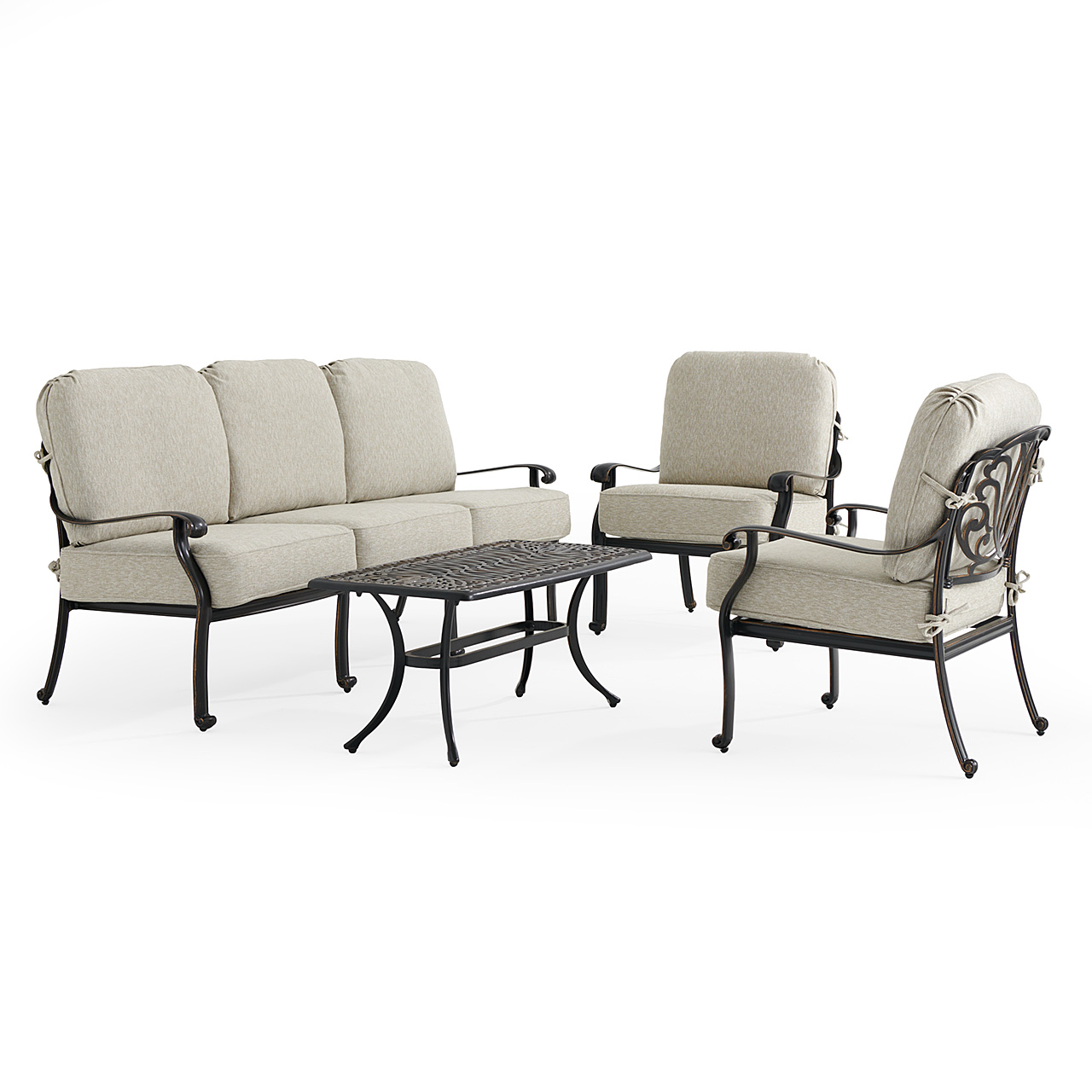 Roma Black Gold Cast Aluminum with Cushions 4 Piece Sofa Group + 42 x 21 in. Coffee Table (Melange Ash)