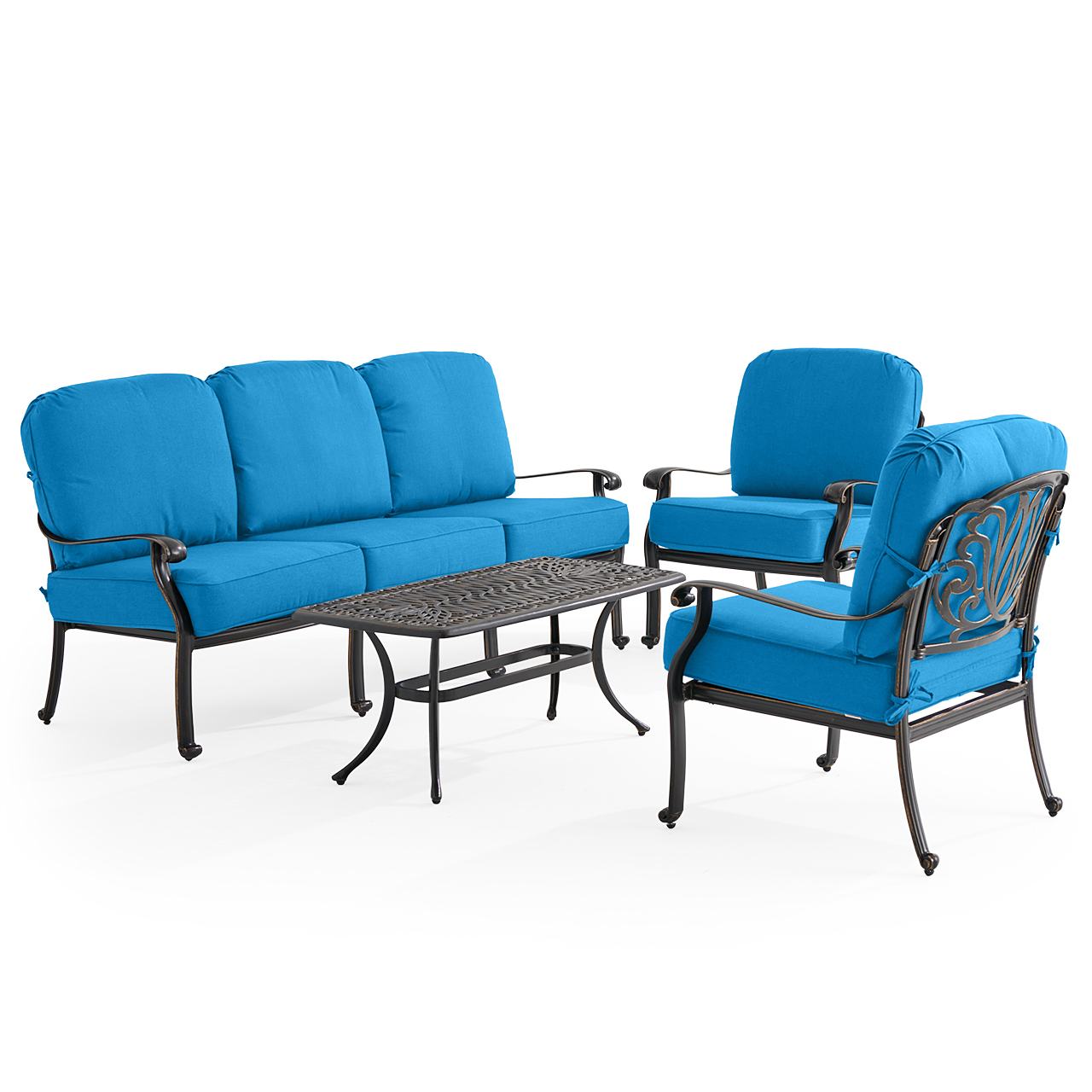 Roma Black Gold Cast Aluminum with Cushions 4 Piece Sofa Group + 42 x 21 in. Coffee Table (Canvas Regatta)