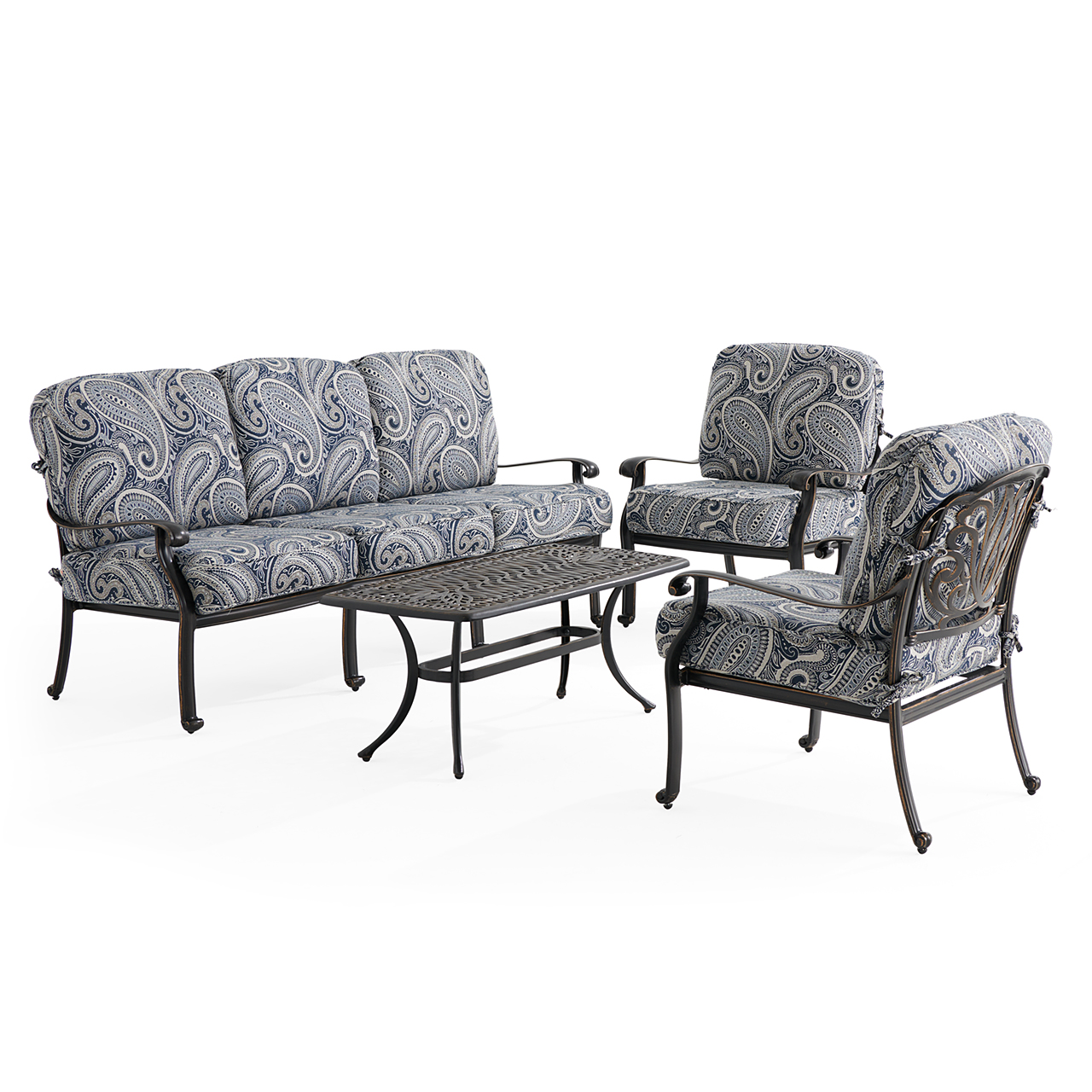 Roma Black Gold Cast Aluminum with Cushions 4 Piece Sofa Group + 42 x 21 in. Coffee Table (Royce Indigo)