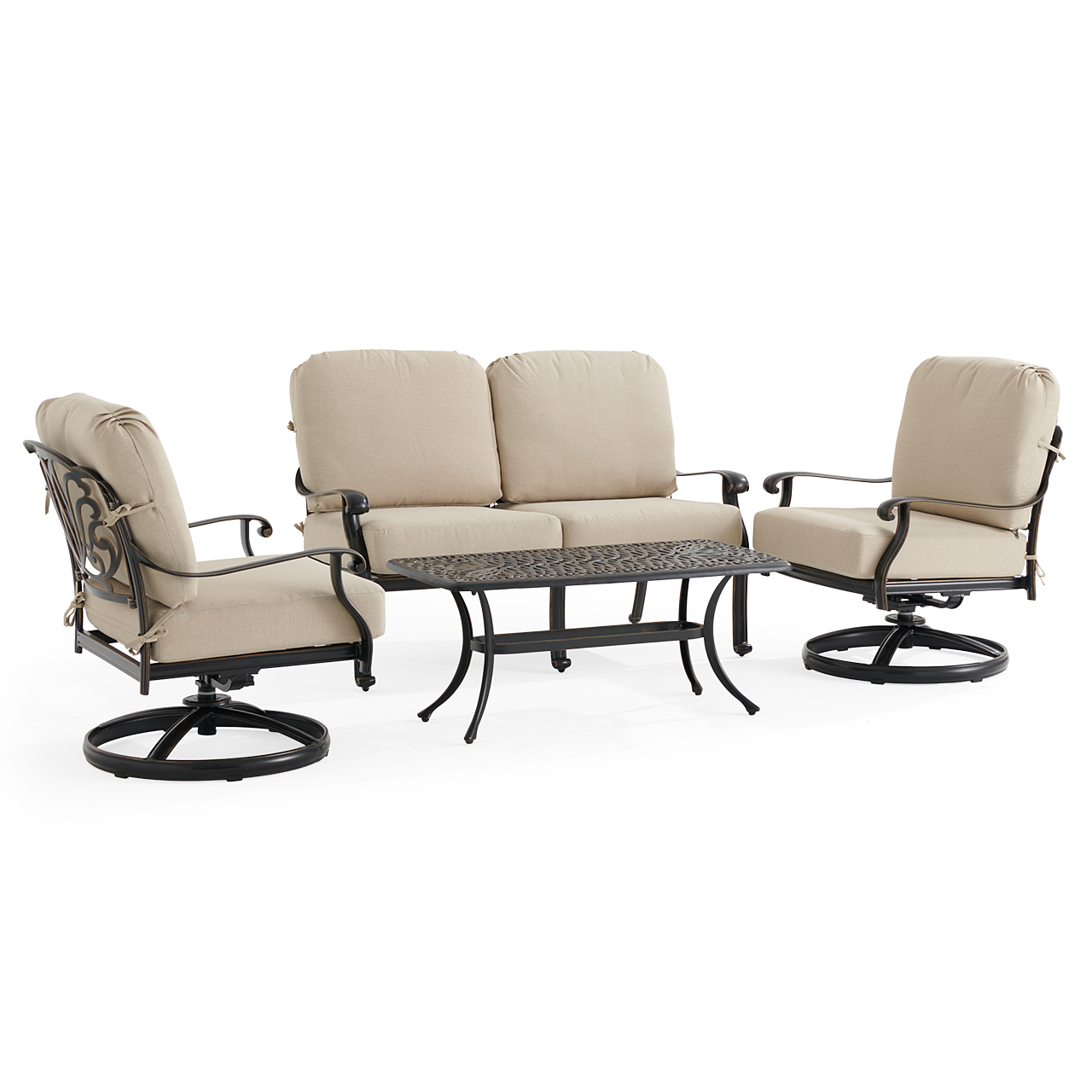 Roma Black Gold Cast Aluminum with Cushions 4 Piece Swivel Loveseat Group + 42 x 21 in. Coffee Table (Beige)