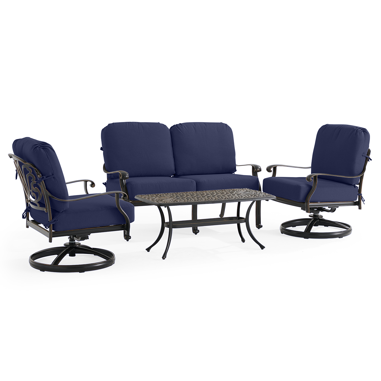 Roma Black Gold Cast Aluminum with Cushions 4 Piece Swivel Loveseat Group + 42 x 21 in. Coffee Table (Navy)