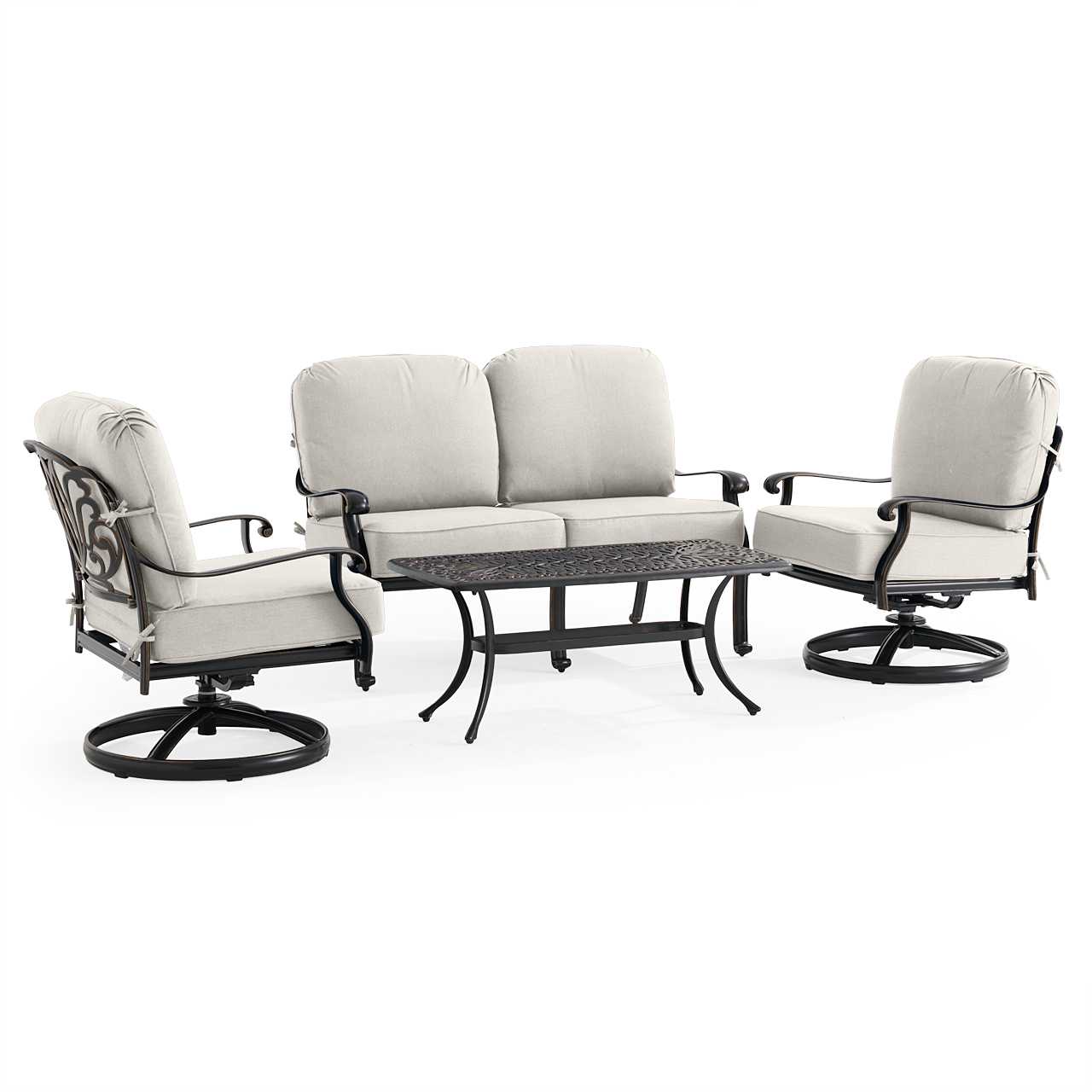 Roma Black Gold Cast Aluminum with Cushions 4 Piece Swivel Loveseat Group + 42 x 21 in. Coffee Table (Mist)