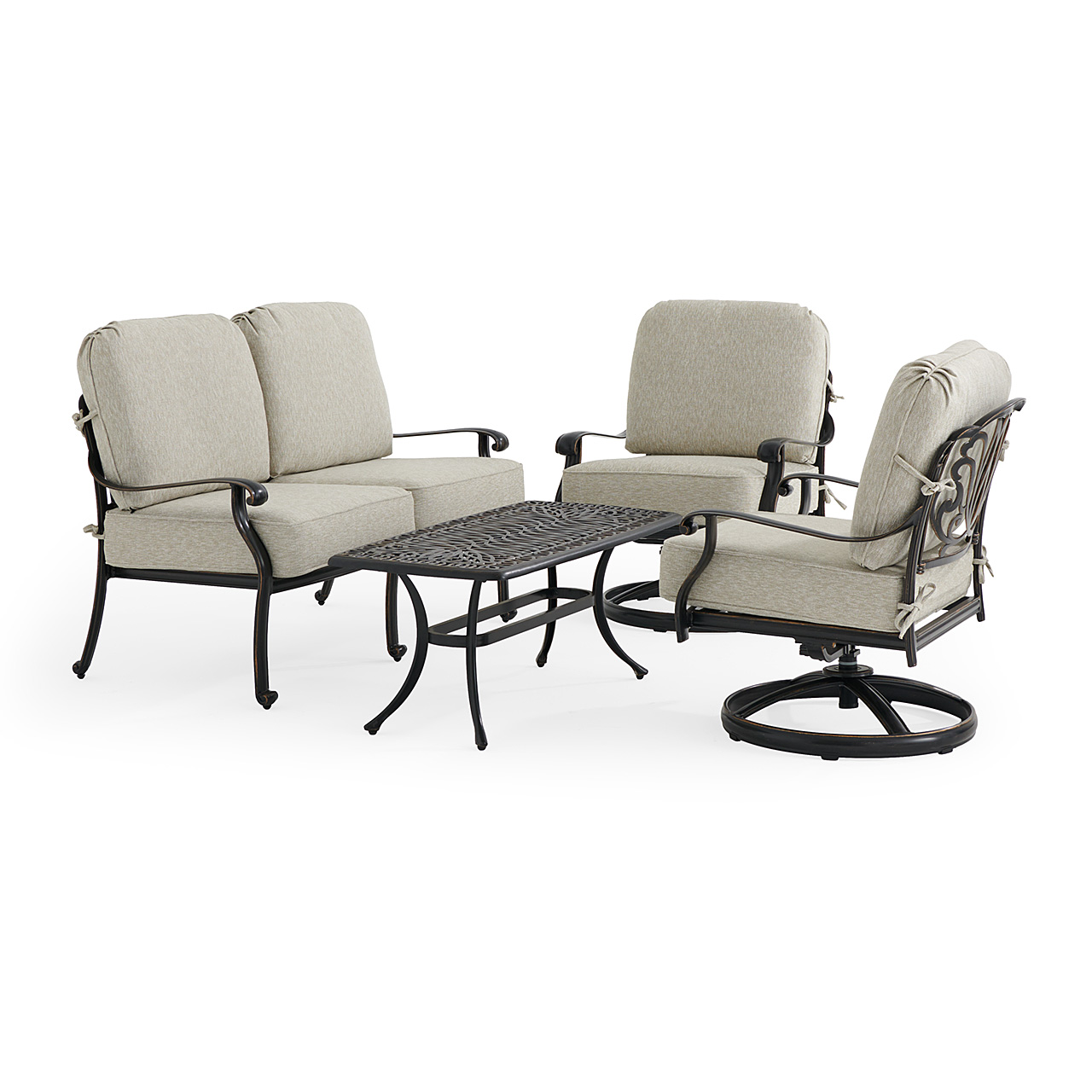 Roma Black Gold Cast Aluminum with Cushions 4 Piece Swivel Loveseat Group + 42 x 21 in. Coffee Table (Melange Ash)