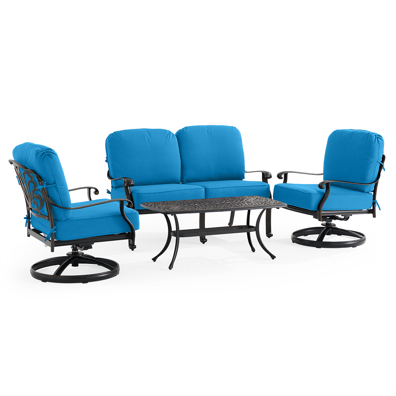 Roma Black Gold Cast Aluminum with Cushions 4 Piece Swivel Loveseat Group + 42 x 21 in. Coffee Table (Canvas Regatta)