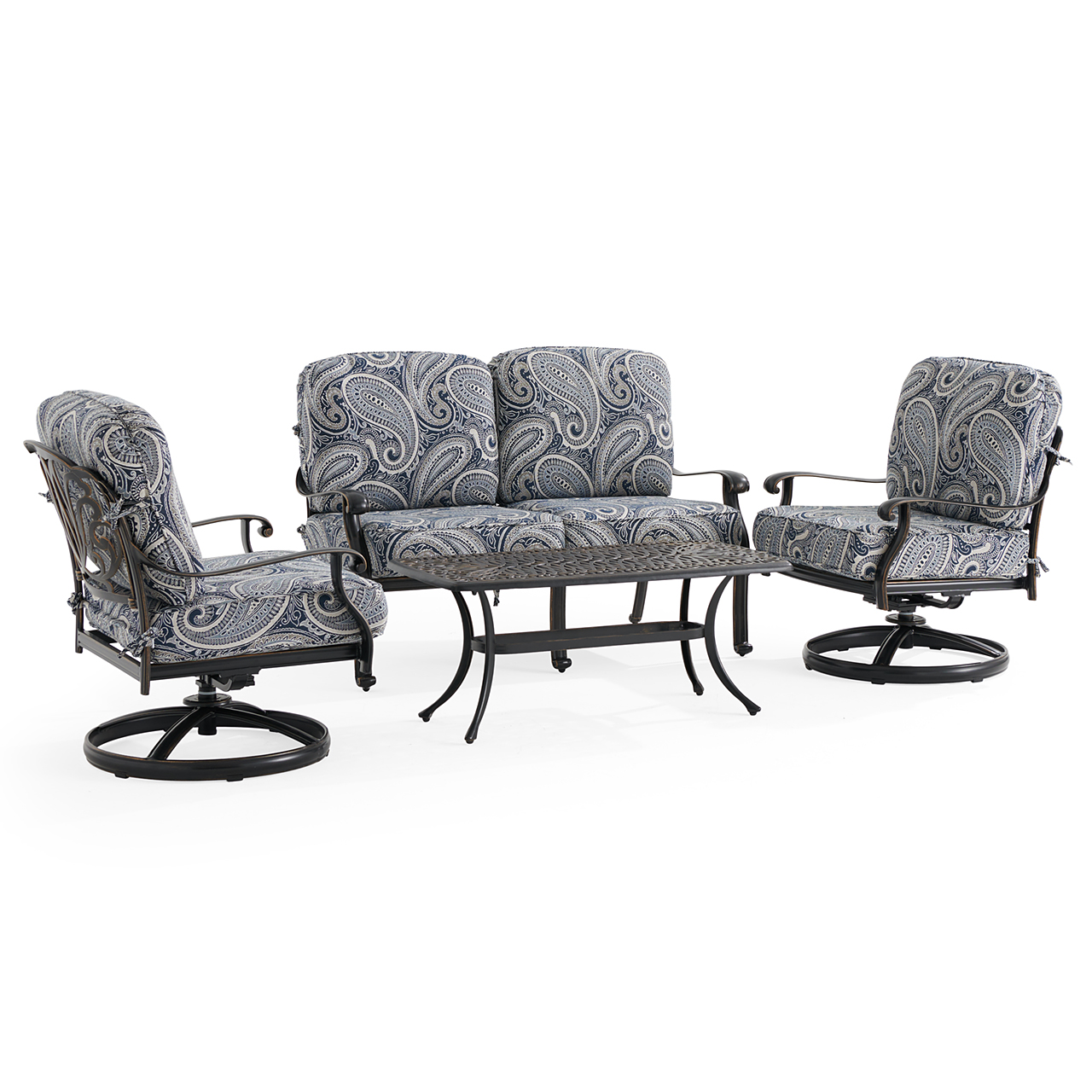 Roma Black Gold Cast Aluminum with Cushions 4 Piece Swivel Loveseat Group + 42 x 21 in. Coffee Table (Royce Indigo)