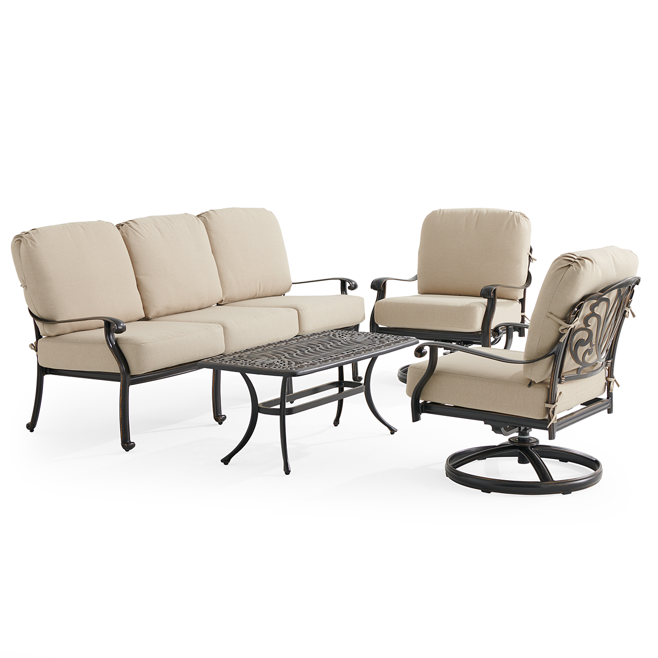 Roma Black Gold Cast Aluminum with Cushions 4 Piece Swivel Sofa Group + 42 x 21 in. Coffee Table (Beige)