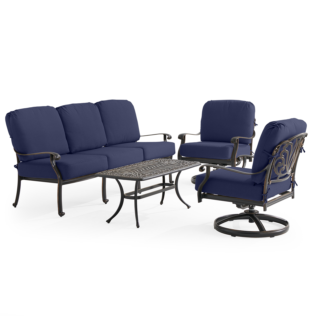Roma Black Gold Cast Aluminum with Cushions 4 Piece Swivel Sofa Group + 42 x 21 in. Coffee Table (Navy)