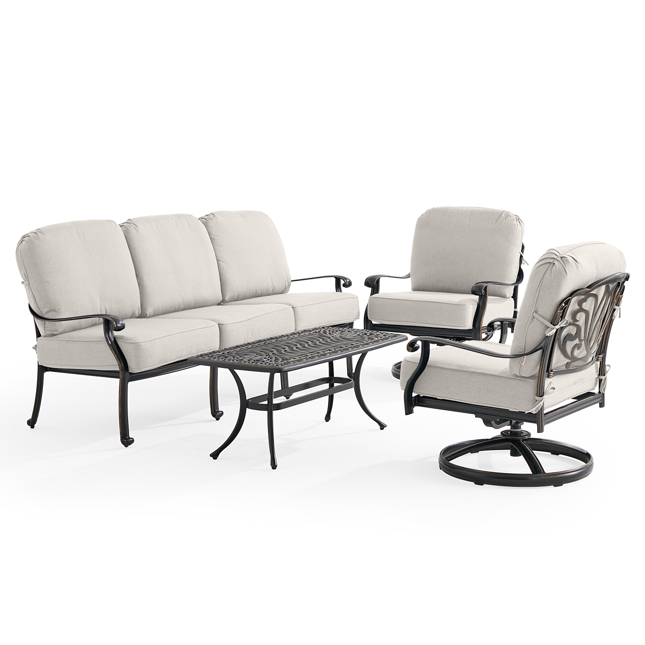 Roma Black Gold Cast Aluminum with Cushions 4 Piece Swivel Sofa Group + 42 x 21 in. Coffee Table (Mist)