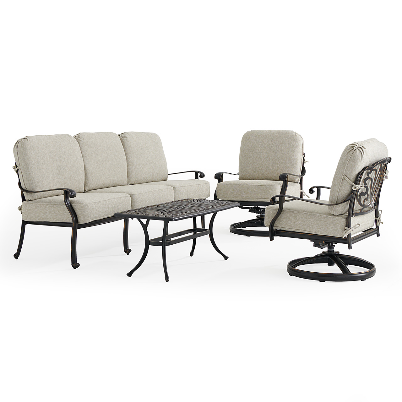 Roma Black Gold Cast Aluminum with Cushions 4 Piece Swivel Sofa Group + 42 x 21 in. Coffee Table (Melange Ash)